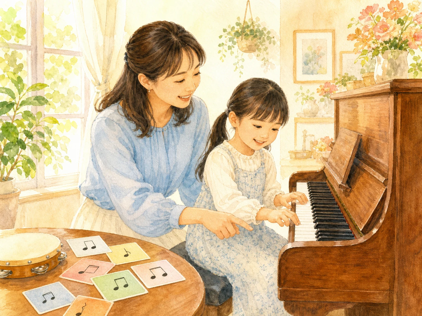 講師が子どもにやさしく寄り添うピアノレッスンのイラスト