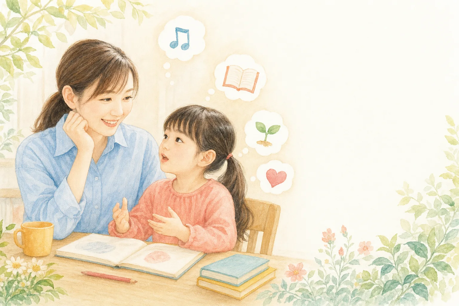 悩みや希望について語り合う親子のイラスト