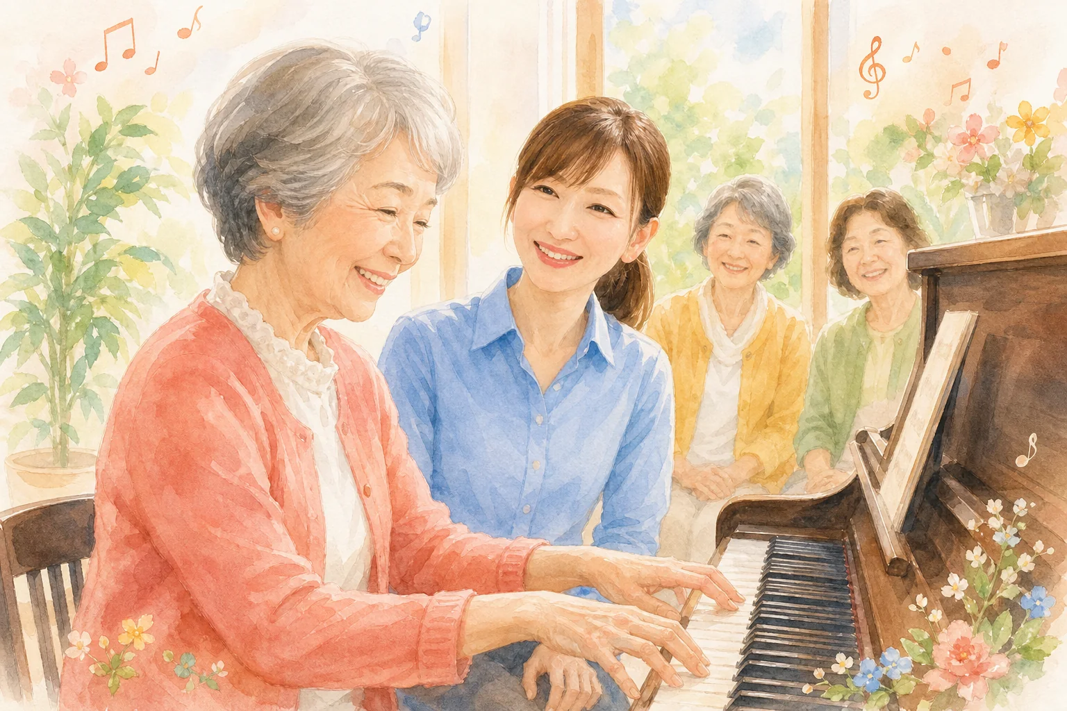 講師や仲間と一緒に笑顔でピアノを楽しむシニア女性のイラスト